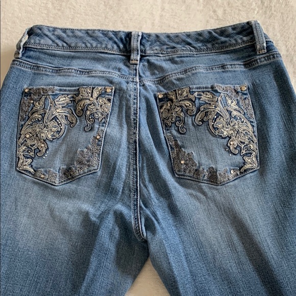 White House Black Market Denim - White House Black Market Blue Flare Jeans with Embellished Pockets